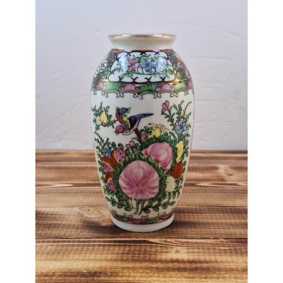 Chinese Red Dragon Stamp Family Rose Porcelain Vase Vtg 6" X 3" Floral Bird Deco - Picture 5 of 12